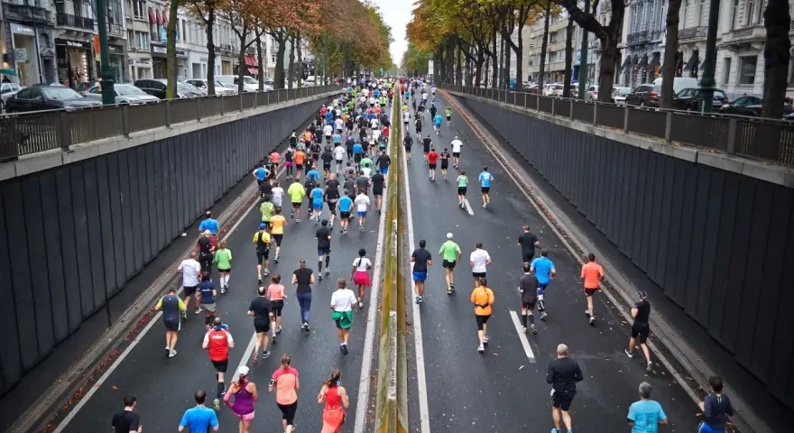 Stor grupp löpare i en stadsgata, många deltagare som springer maraton.