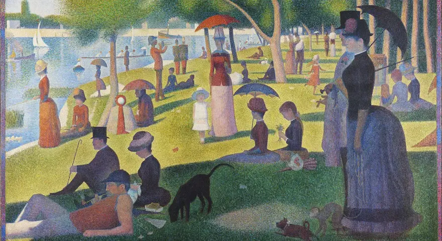 Niedzielne popołudnie na wyspie Grande Jatte. Ludzie odpoczywają nad wodą, bawią się psy, żagle łodzi kołyszą się na falach.
