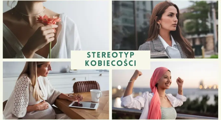 Różnorodne cechy kobiety: delikatność z kwiatem, siła w biznesie, macierzyństwo i radość życia.