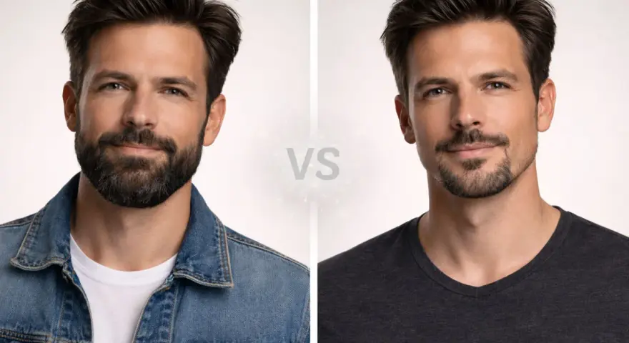 Hombre con perilla completa y barba de chivo. Comparativa de estilos de vello facial masculino.