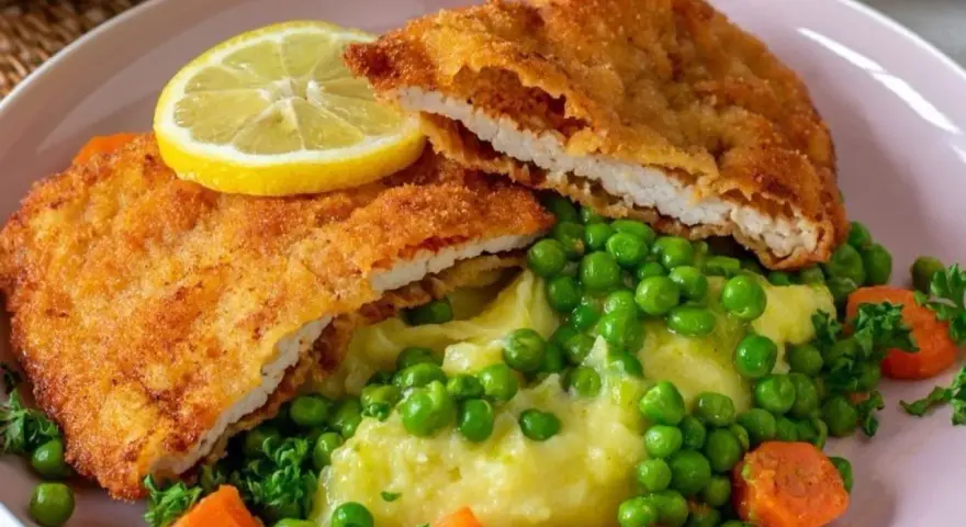 Pyszne schabowe z piekarnika, podane z puree ziemniaczanym, groszkiem i marchewką. Całość ozdobiona plasterkiem cytryny.