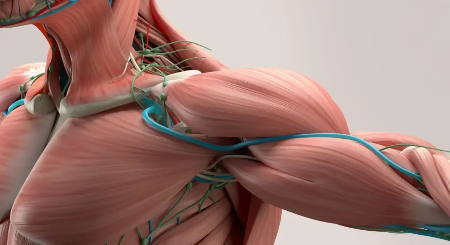 Anatomia mięśni i naczyń krwionośnych szyi i ramienia.