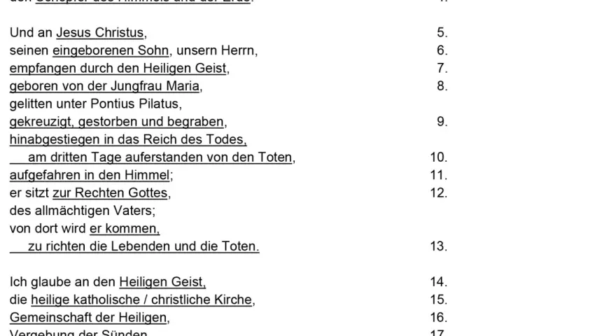 Glaubensbekenntnis katholisch text: Ich glaube an Gott, den Vater, den Allmächtigen, den Schöpfer des Himmels und der Erde. Und an Jesus Christus, seinen eingeborenen Sohn, unsern Herrn.