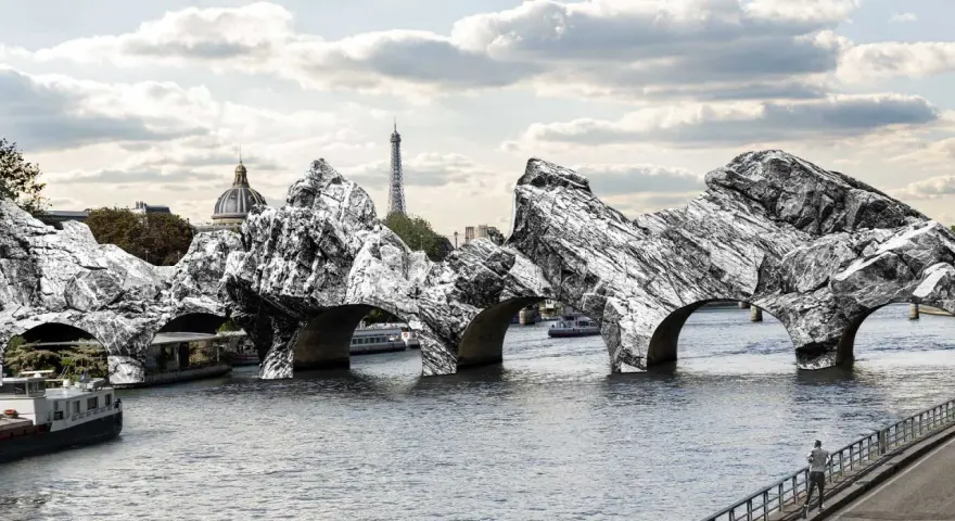 Pont de pierre transformé en rochers monumentaux, une vision audacieuse de Christo et Jeanne-Claude sur la Seine, avec la Tour Eiffel en arrière-plan.