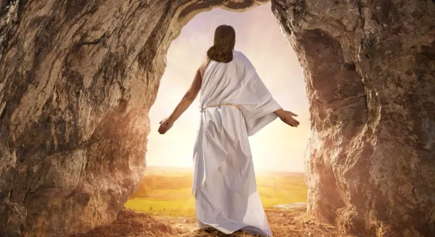 Jesus, who did Jesus raise from the dead? He rose himself, emerging from a cave into the light, a symbol of resurrection and hope.