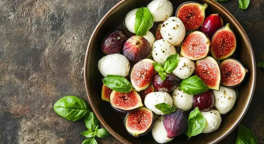 Un tazón lleno de bolitas de mozzarella fresca, higos cortados y hojas de albahaca, perfecto para ensaladas saludables.