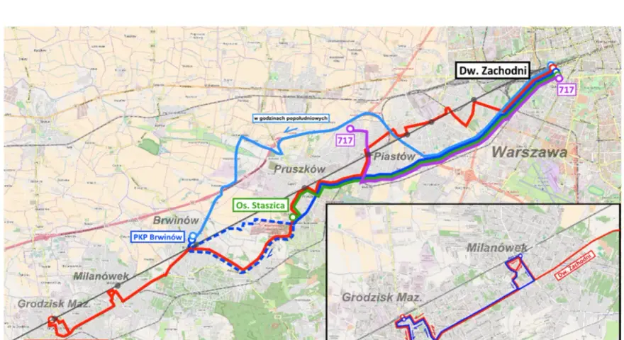 Schemat komunikacji zastępczej, w tym 717 rozkład jazdy, pokazuje trasy autobusów i pociągów między Grodziskiem Maz., Milanówkiem, Pruszkowem, Piastowem, Brwinowem a Warszawą.