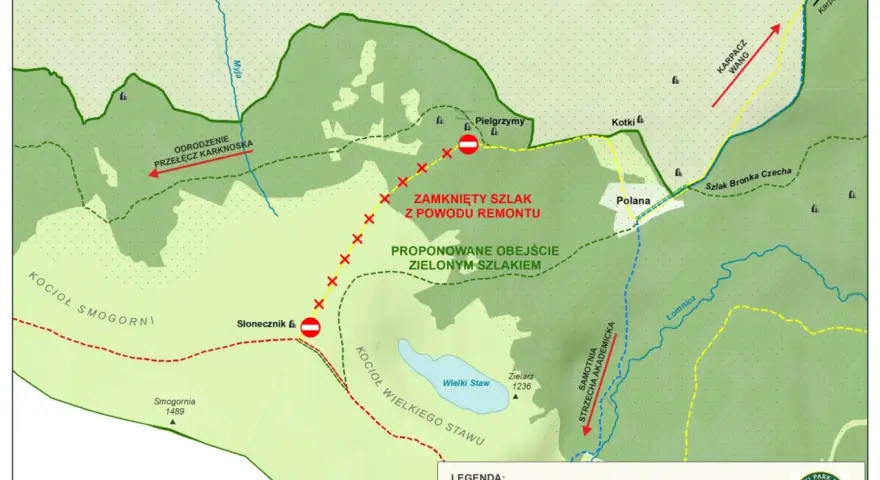 Mapa Karkonoszy z zaznaczonymi szlakami. Zamknięty odcinek szlaku z powodu remontu, proponowane obejście zielonym szlakiem.