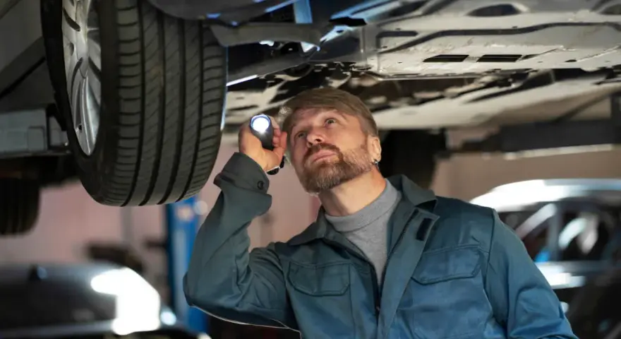 Mechanik z latarką bada podwozie auta, szukając problemów z jarzmem hamulca.