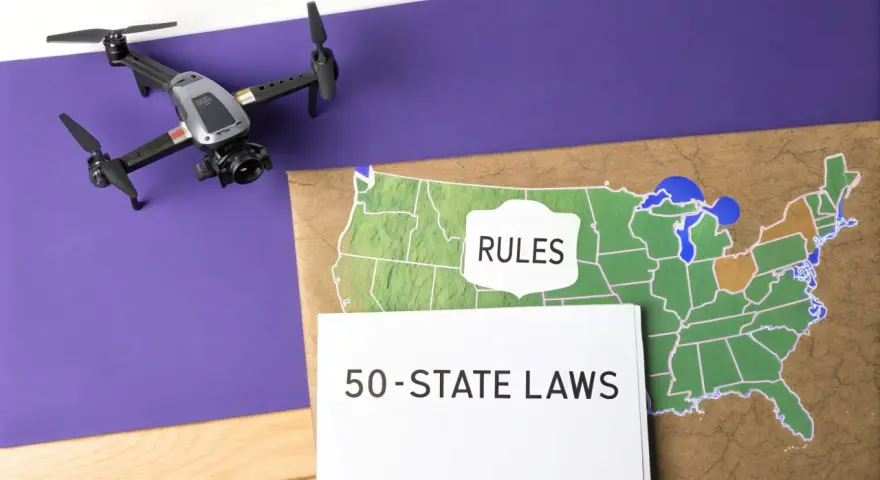 A drone sits near a map of the US with "RULES" and "50-STATE LAWS" labels, hinting at the complexity of Utah drone laws and regulations across the country.