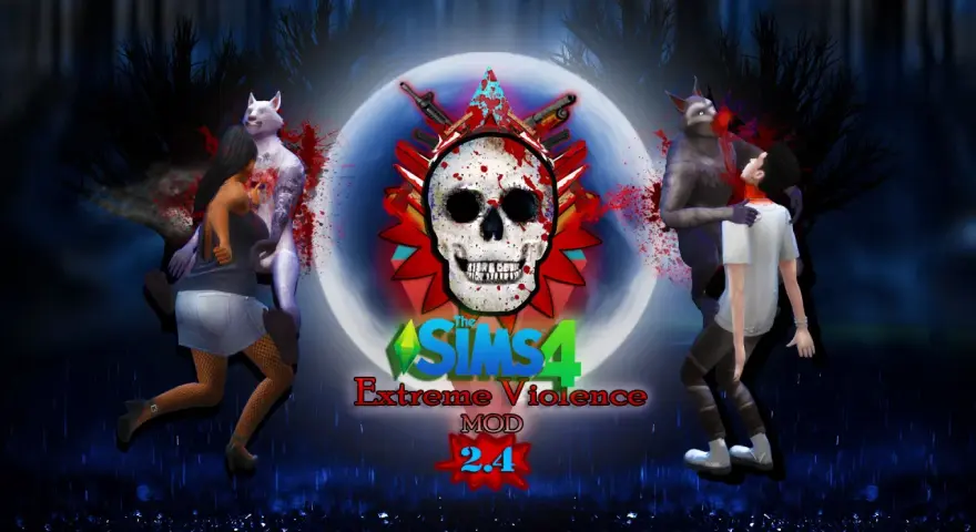 Grafika z gry The Sims 4 z motywem przemocy, czaszką i wilkołakami.