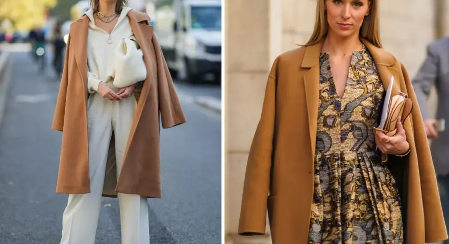 Dwie kobiety prezentują stylowe płaszcze camel. Jedna w białym komplecie, druga w wzorzystej sukience. Płaszcz camel stylizacje na co dzień i od święta.