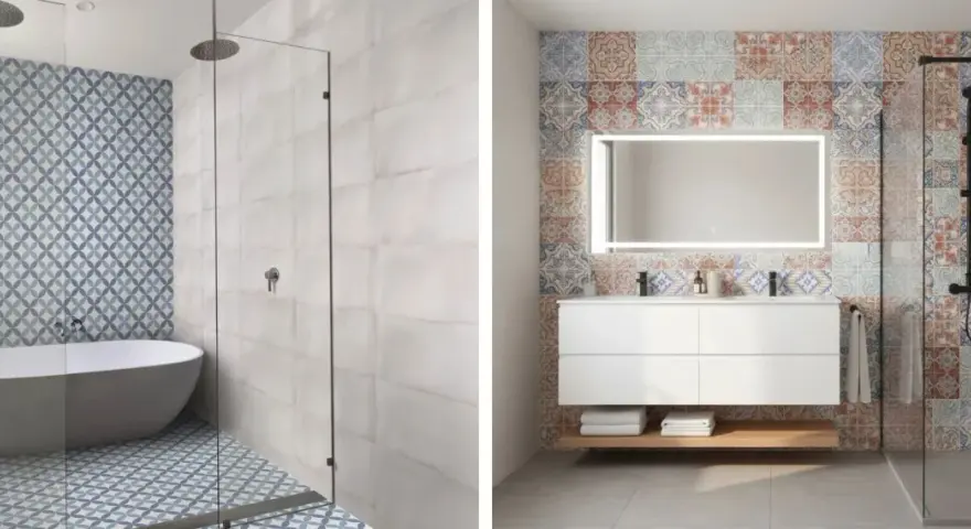 Salle de bain moderne avec baignoire et douche, murs ornés de **carrelage collé** aux motifs géométriques bleus et de carreaux décoratifs colorés.