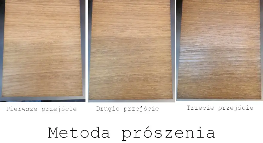 Trzy próbki drewna pokazujące efekt bejcowania drewna metodą prószenia po pierwszym, drugim i trzecim przejściu.