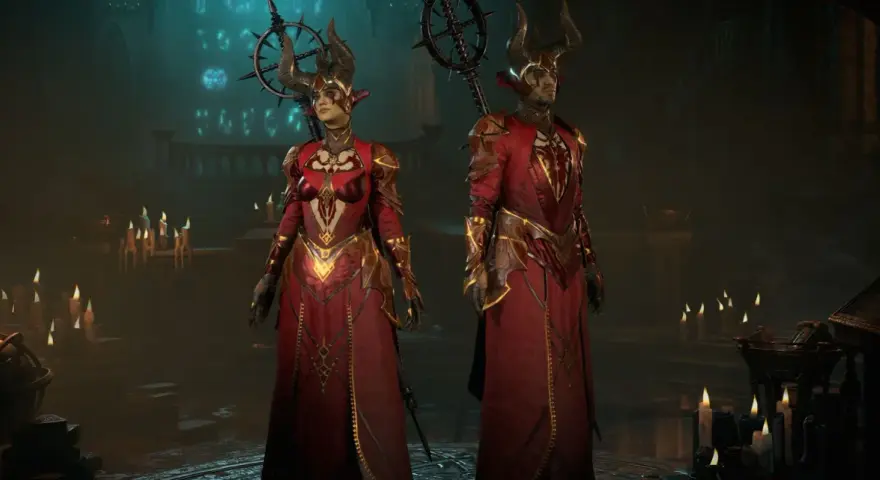 Dwie postacie w strojach inspirowanych diablo 2 czarodziejka build, z rogami i ozdobnymi szatami, stoją w mrocznym, świecznikowym wnętrzu.