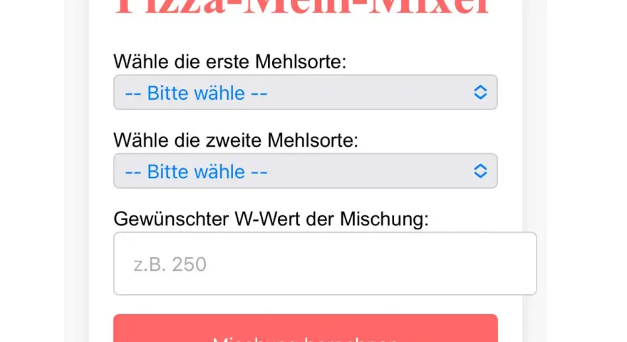Pizza-Mehl-Mixer: Wähle zwei Mehlsorten und gib den gewünschten W-Wert der Mischung ein, z.B. 250.