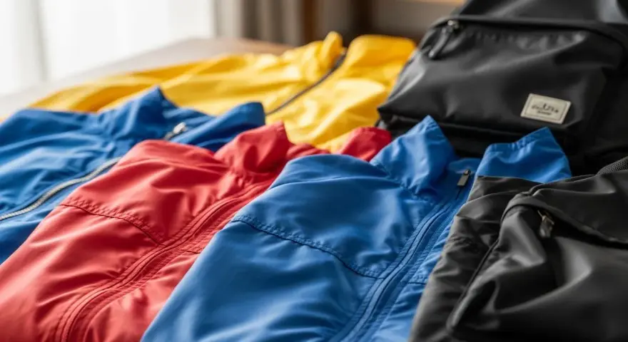 Kolorowe kurtki i plecak. Lekki, wodoodporny nylon jaki to materiał, idealny na podróż.