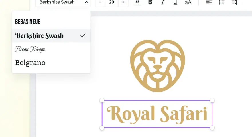 Edytor tekstu z opcją dodawania znaku wodnego do wielu zdjęć. Wybór czcionki "Berkshire Swash" dla tekstu "Royal Safari".