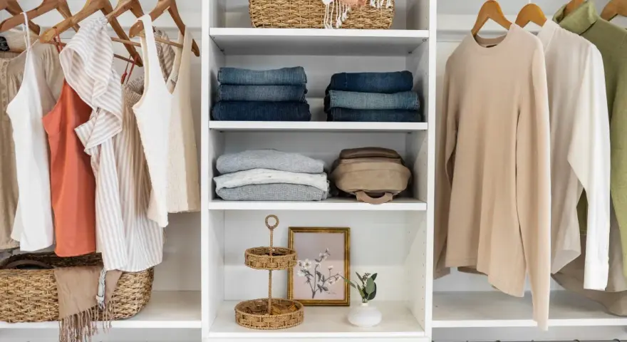 A well-organized closet with hanging clothes, folded jeans, sweaters, and decorative baskets. This DIY closet organizer maximizes space and style.