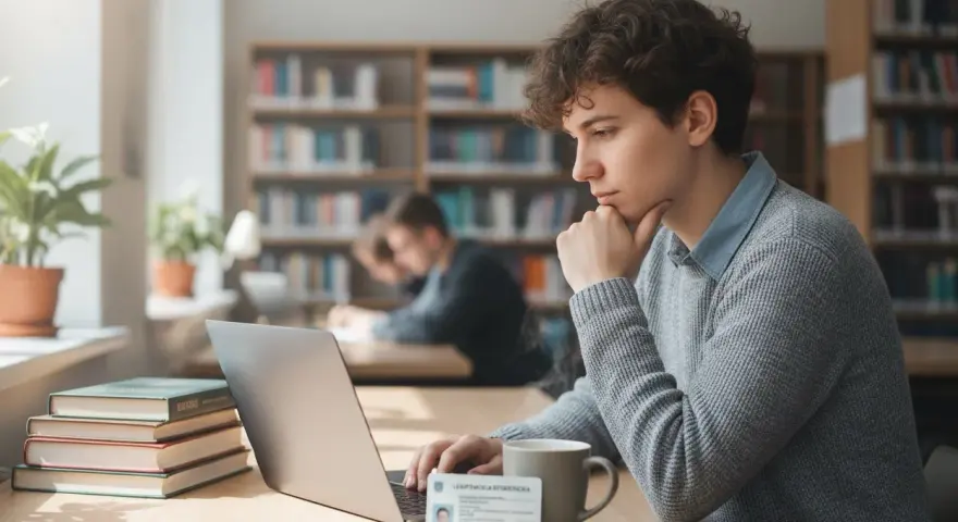 Młody student z legitymacją studencką, korzystający z laptopa w bibliotece. Nawet po 26 roku życia, zniżka studencka PKP może być pomocna.