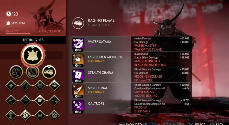 Ghost of Tsushima tryb legend: menu postaci Samuraja z technikami, takimi jak "Water Katana" i "Stealth Charm".
