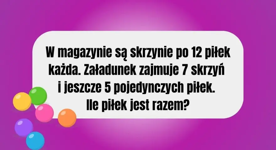 Kolorowe piłki i tekst z zadaniem matematycznym.
