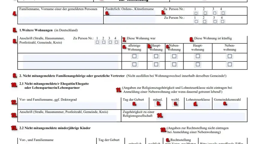 Formular zawiera pola do wpisania adresu zamieszkania, danych osobowych oraz informacji o członkach rodziny.