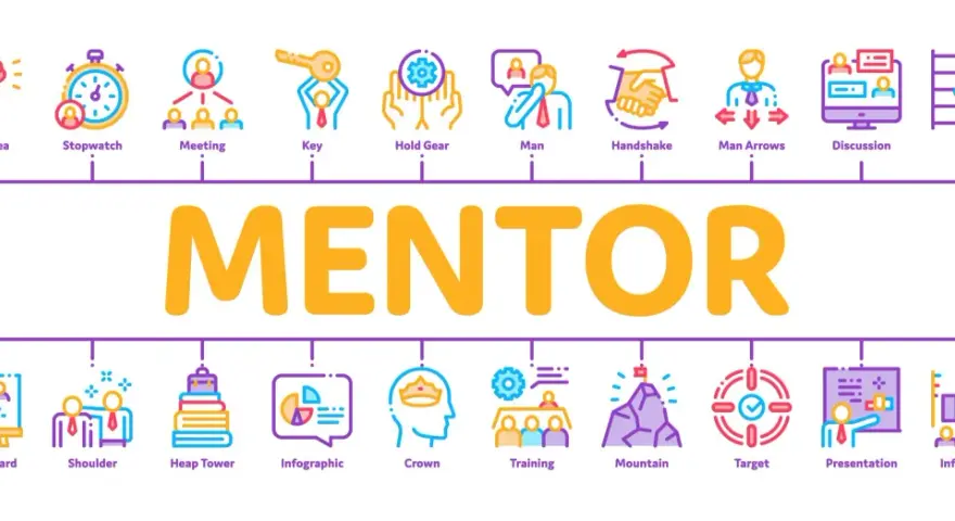 Grafika przedstawia słowo "MENTOR" otoczone ikonami symbolizującymi rozwój, współpracę i osiąganie celów.