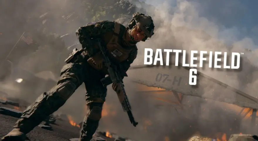 Żołnierz w kamuflażu z karabinem na tle dymu i płomieni. Napis Battlefield 6.