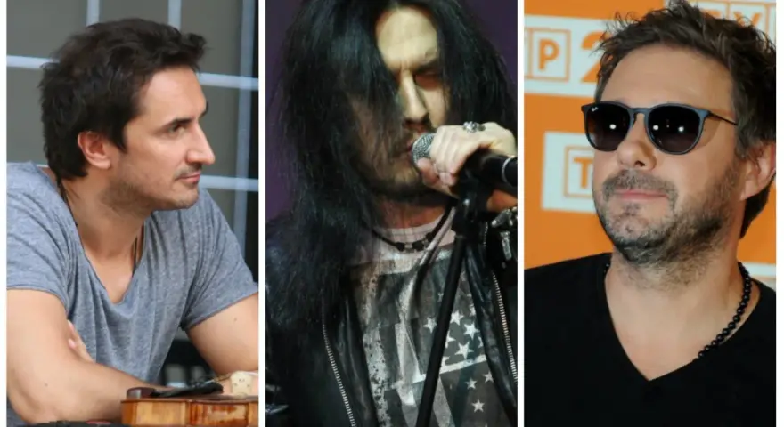 Trzech znanych polskich piosenkarzy: muzyk z gitarą, rockman z długimi włosami i wokalista w okularach.