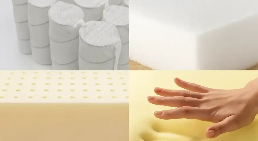 Comparaison de différents types de matelas : ressorts ensachés, mousse blanche, latex perforé et mousse à mémoire de forme réagissant à la pression d'une main.