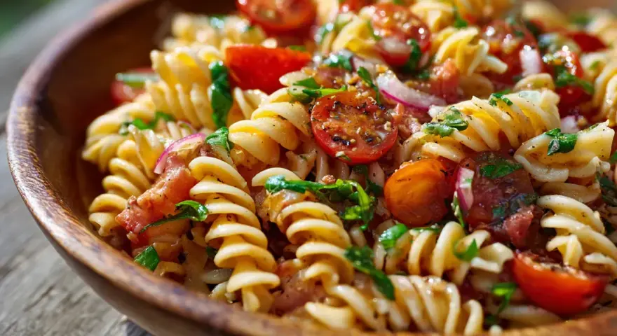 En härlig pastasallad med körsbärstomater, rödlök och örter. Ett perfekt pastasallad recept för sommaren.