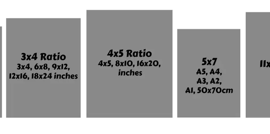 Guía de medidas de lienzos: 2x3, 3x4, 4x5, 5x7 y 11x14 pulgadas, además de tamaños A y cm.