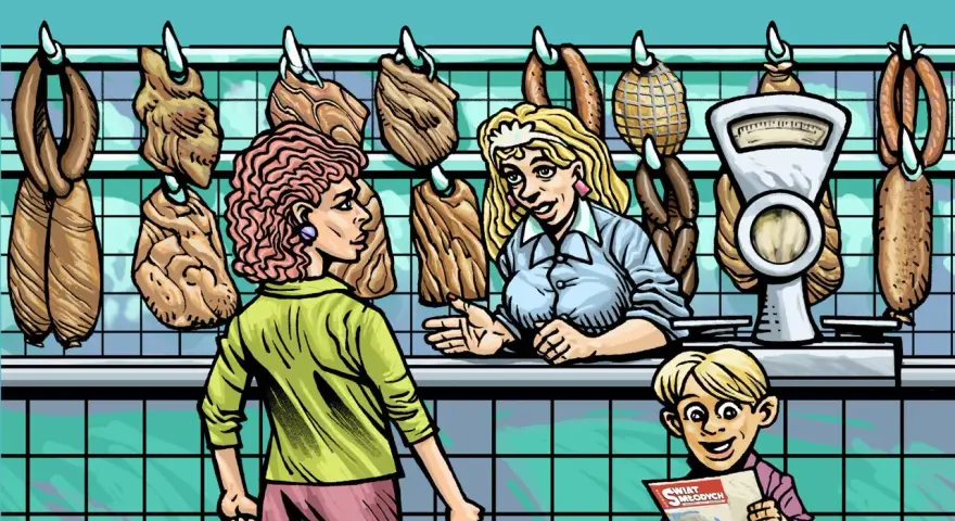 Komiks przedstawia scenę w sklepie mięsnym. Klientka rozmawia ze sprzedawczynią, a chłopiec czyta gazetę "Świat Młodych".