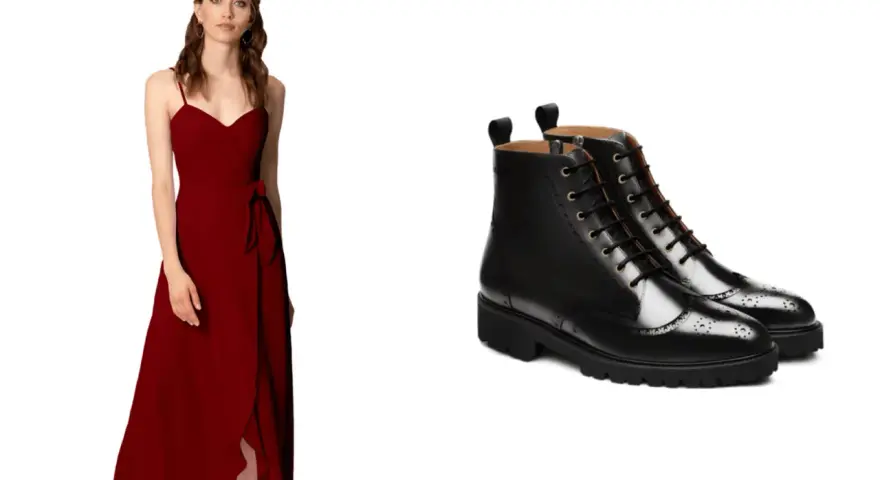 Mujer con vestido largo rojo y botines negros de cordones. Un look audaz para cualquier ocasión.