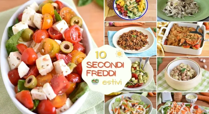 Collage di 10 secondi freddi estivi: insalate colorate, caprese, lenticchie, pollo e altro ancora. Perfetti per l'estate!