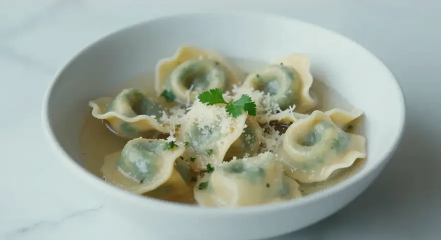 Pyszne tortellini in brodo przepis. Zielone pierożki w bulionie, posypane parmezanem i natką pietruszki.