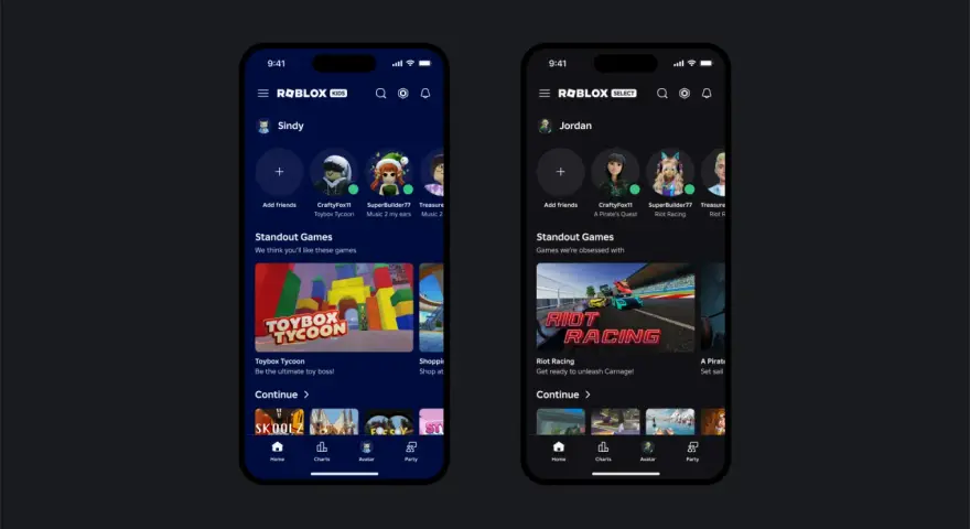 Dwa ekrany aplikacji Roblox: jeden dla dzieci (KIDS) i jeden dla starszych graczy (SELECT). Od ilu lat jest Roblox? Od 2006 roku, platforma oferuje gry takie jak Toybox Tycoon i Riot Racing.