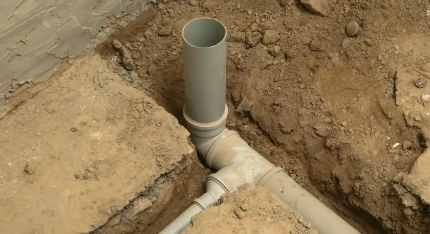 Fragment budowy kanalizacji. Szare rury układane są w wykopie, otoczone ziemią i fragmentami betonu.