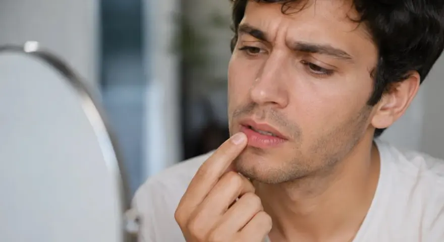 Hombre se toca los labios con preocupación, preguntándose porque se queman los labios.