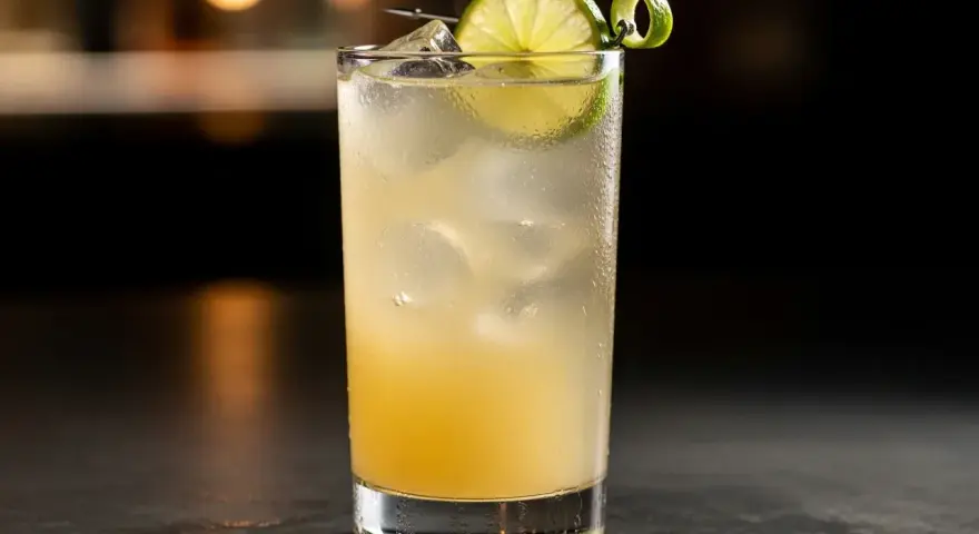 En uppfriskande limoncello sour med is, lime och en vacker spiraldekoration.