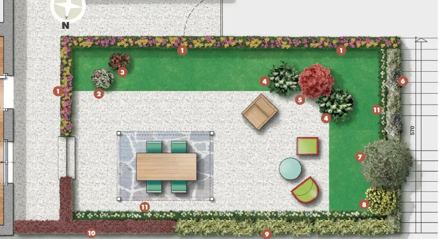 Un terrazzo sul tetto con prato, aiuole fiorite, mobili da esterno e un tavolo da pranzo.