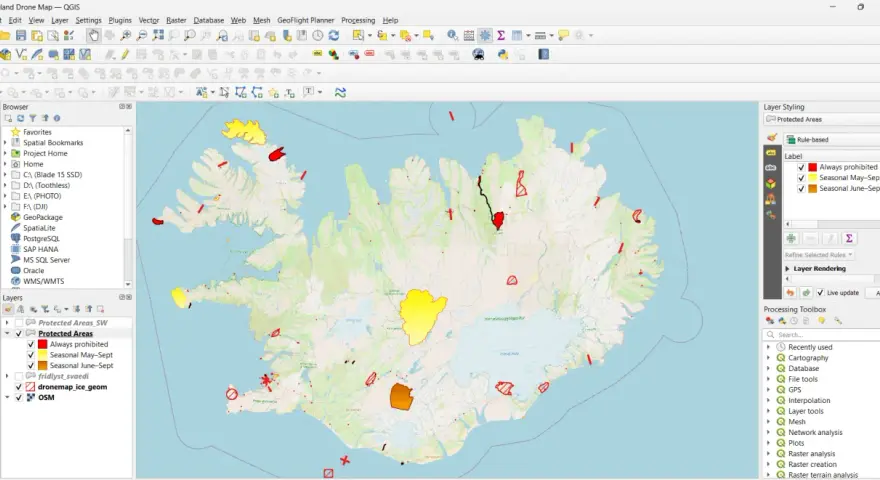 Map of Iceland showing protected areas with drone flight restrictions, indicating areas always prohibited, and seasonal restrictions for May-Sept and June-Sept.