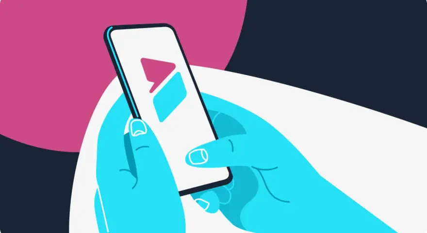 Ręce trzymają smartfon z ikonami, sugerującymi aplikacje do nauki polskiego.