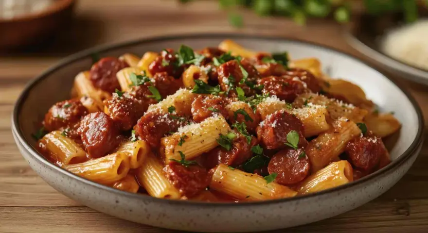 Macarrones con chorizo en salsa roja, espolvoreados con queso rallado y perejil.