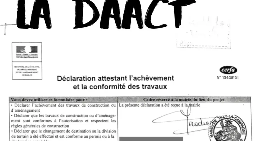 Formulaire de déclaration attestant l'achèvement et la conformité des travaux, nécessaire pour le transfert de permis de construire.