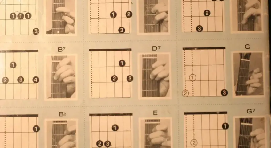 Diagramy z akordami gitarowymi dla początkujących: A7, B7, Bb, D, D7, E, F, G, G7. Pomocne dla nauki gry.