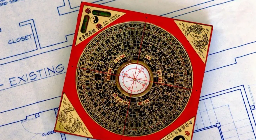 Czerwona siatka bagua feng shui, narzędzie do harmonizacji przestrzeni, leży na niebieskim planie architektonicznym.