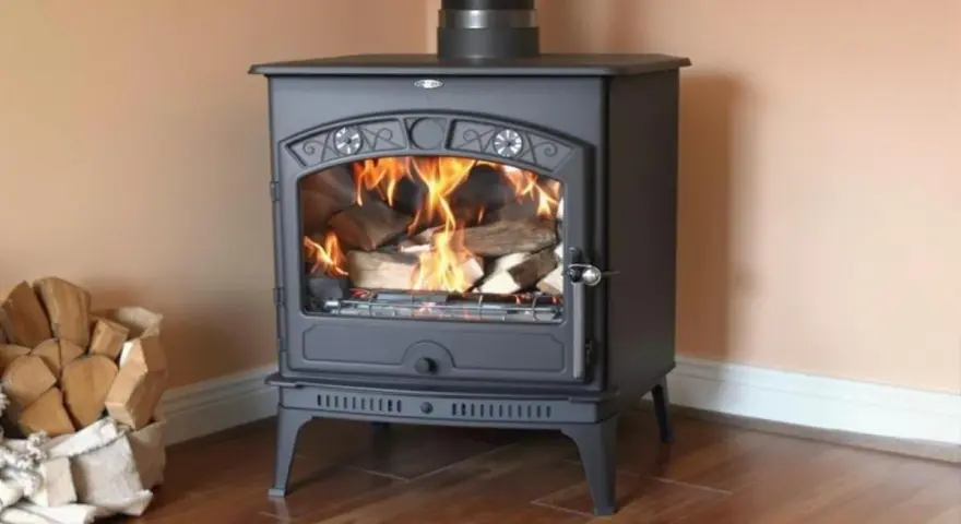 Poêle à bois en fonte, allumé, avec une pile de bois à côté. Un bon entretien assure une longue durée de vie à ce poêle à bois.