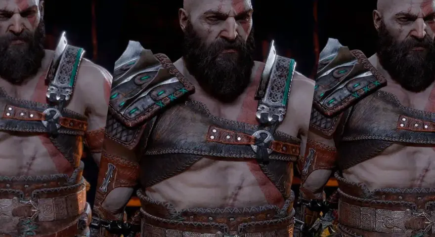 Kratos, el dios de la guerra, listo para el Ragnarok. Su armadura de cuero y metal, con detalles en verde, resalta su imponente figura.